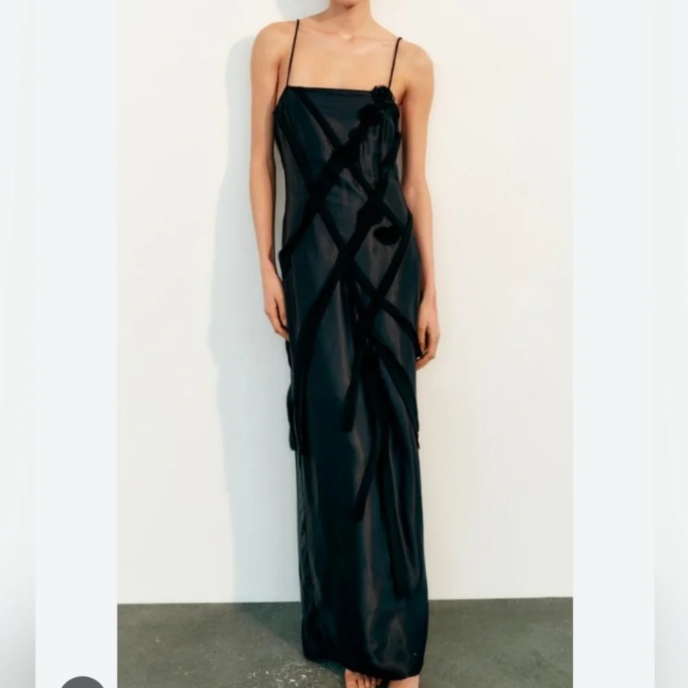 ZARA floral Satin strappy slip dress Black M NWT - Picture 3 of 4